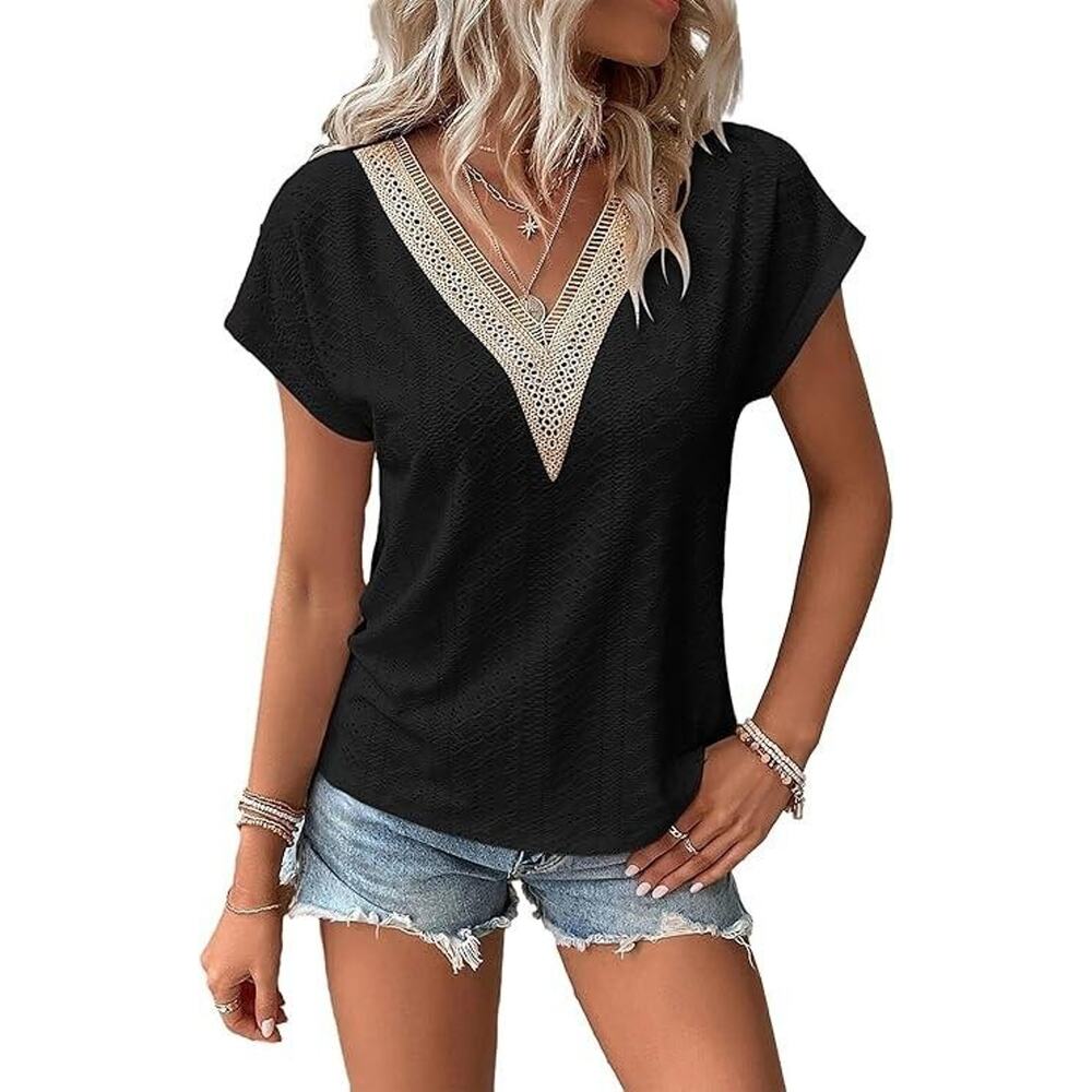 LilyCoco Shirt Womens Small Black Crochet Lace V Neck Short Sleeve Casual Top